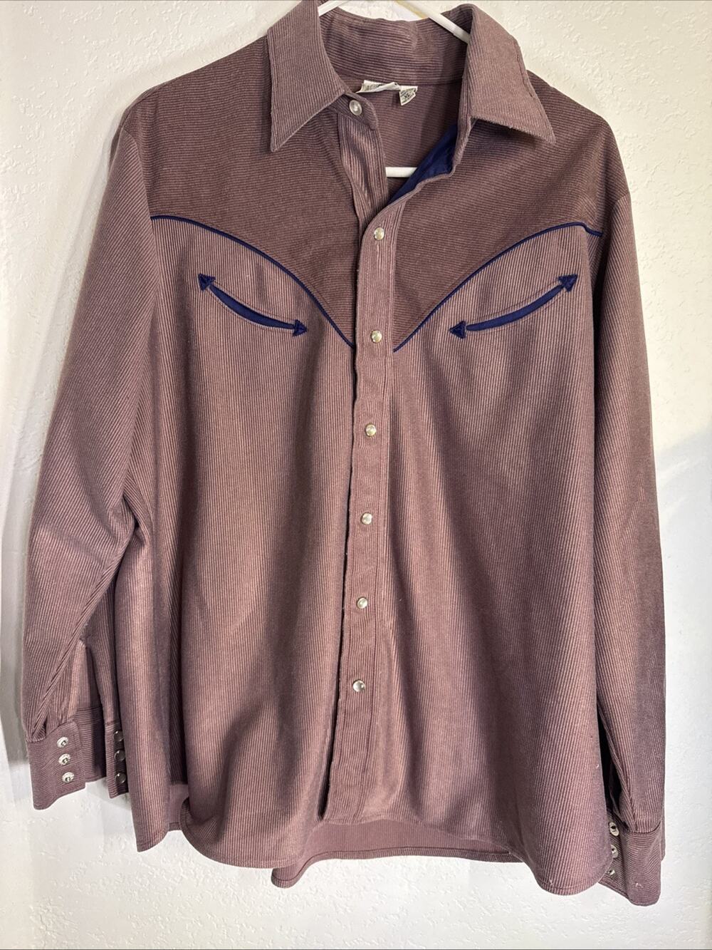Vintage Spire Western Pearl Snap Shirt Mens XL Brown Corduroy Blue Trim Cowboy